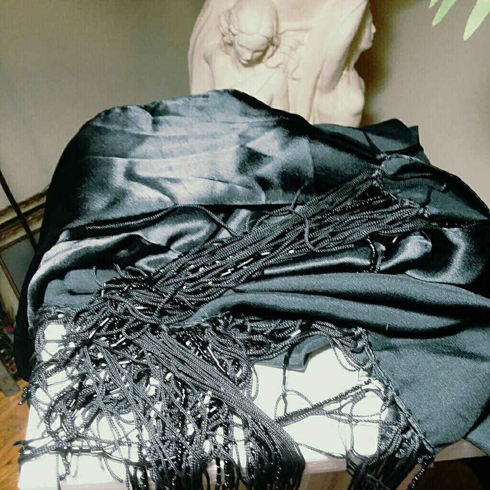 Long large black satin shawl.